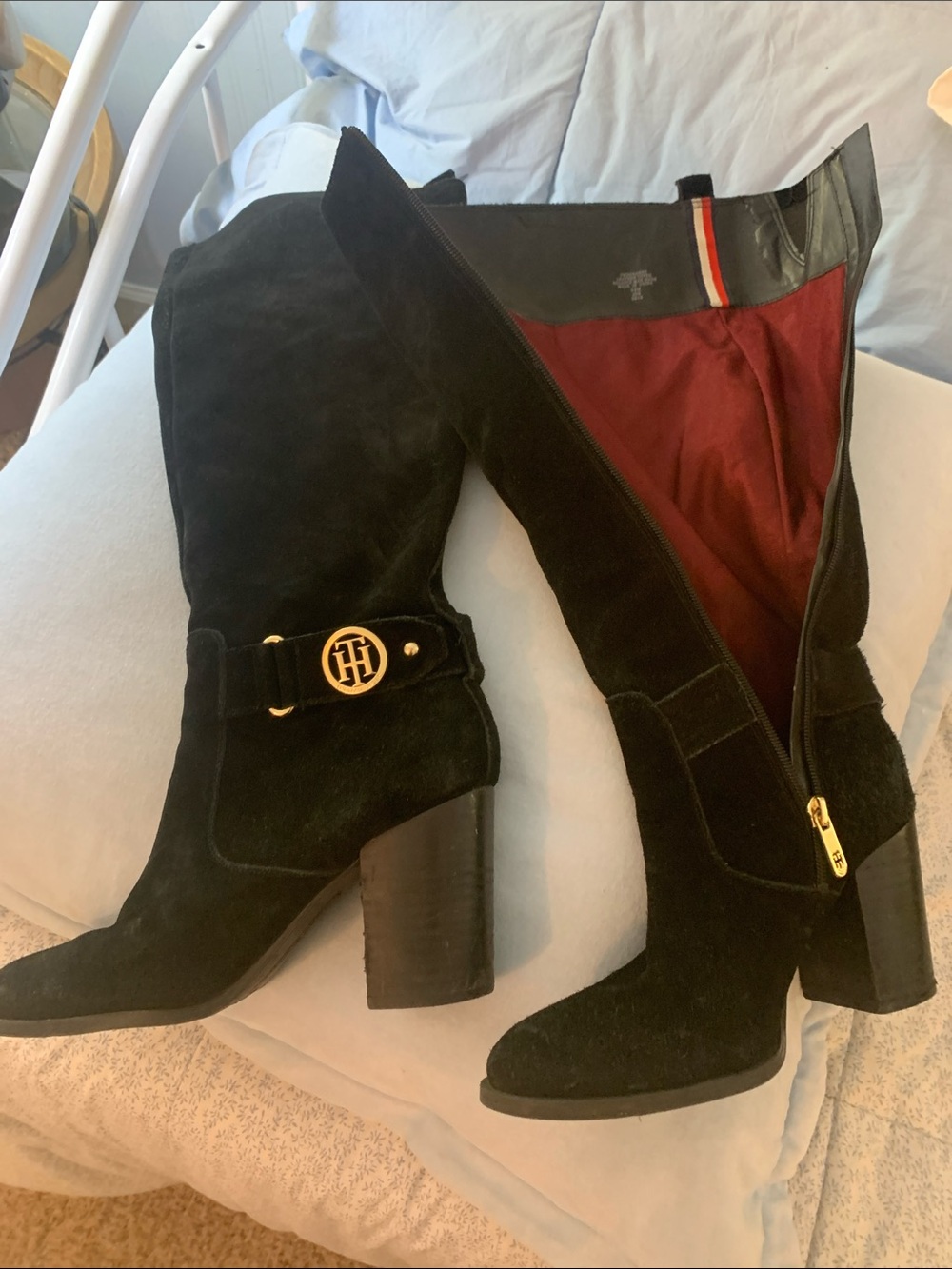 Tommy Hilfiger Black Suede Knee-High Heeled Boots with Gold Logo Accent